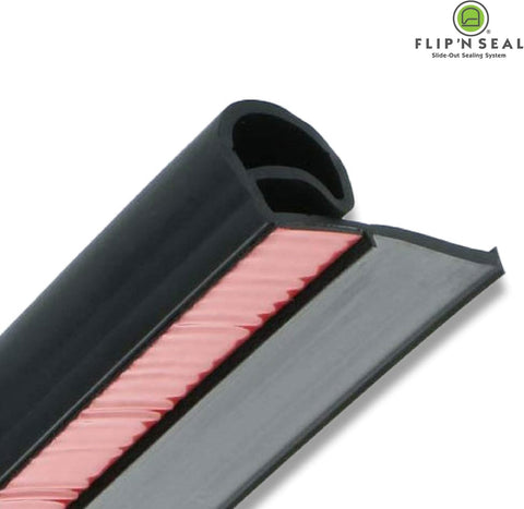 Jaeger Flip'N Seal RV Slide-Out Seal - Close-Up End View Showing D-Bulb Profile and Red Adhesive Strip | United RV Parts