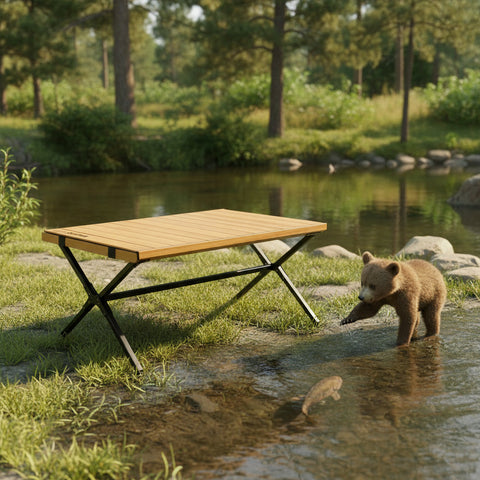 Kuma Camp Crew Bamboo Coffee Table Outdoors by Riverside - Lifestyle Scene | United RV Parts