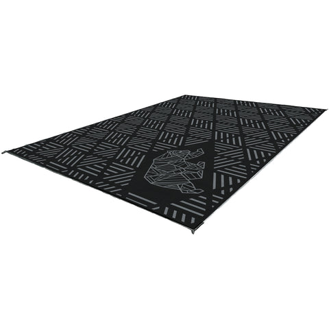 Black Grey Kuma Striped Peaks Outdoor RV Mat 12x9 - Angled View with Bear Logo | United RV Parts
