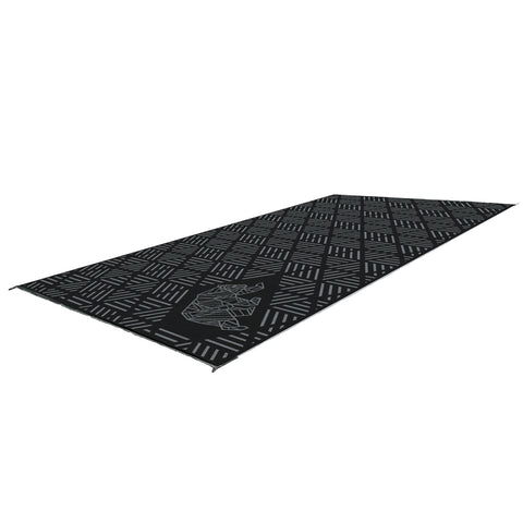 Black Grey Kuma Striped Peaks Outdoor RV Mat 18x9 - Angled View with Bear Logo | United RV Parts