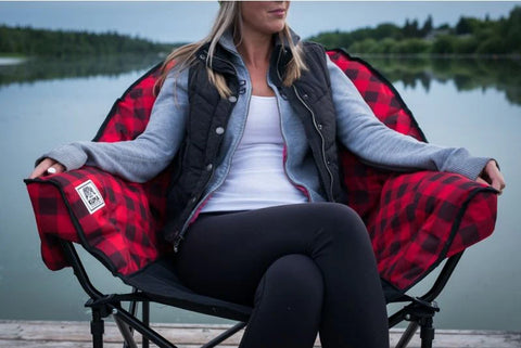 Red Plaid Lazy Bear Camping Chair - Woman Relaxing Outdoors by Lake | United RV Parts