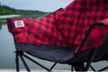 Red Plaid Lazy Bear Chair - Outdoor Lakeside Setup with Kuma Logo Detail | United RV Parts