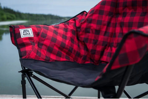 Red Plaid Lazy Bear Chair - Outdoor Lakeside Setup with Kuma Logo Detail | United RV Parts