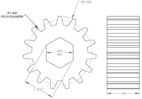 Lippert 123356 Spur Gear Technical Drawing - 1.5in Pitch Diameter 0.625in Hex Bore Specs | United RV Parts