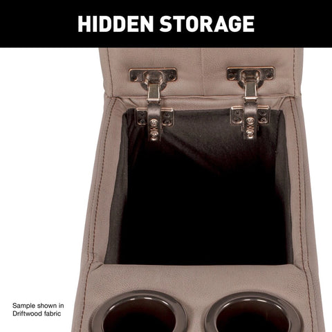 Lippert Heritage RV Theater Seating Center Console Hidden Storage Compartment Open Detail | United RV Parts