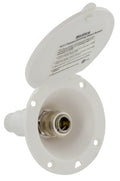 White ABS RV Exterior Spray Port with Open Lid - Quick Connect Brass Fitting Detail | United RV Parts