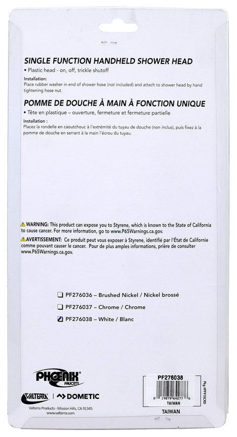 Valterra PF276038 White RV Shower Head packaging back with installation instructions and part number | United RV Parts