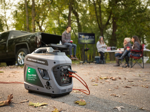 Grey Cummins Onan P2500i Digital Inverter Generator - Outdoor Camping Setup | United RV Parts