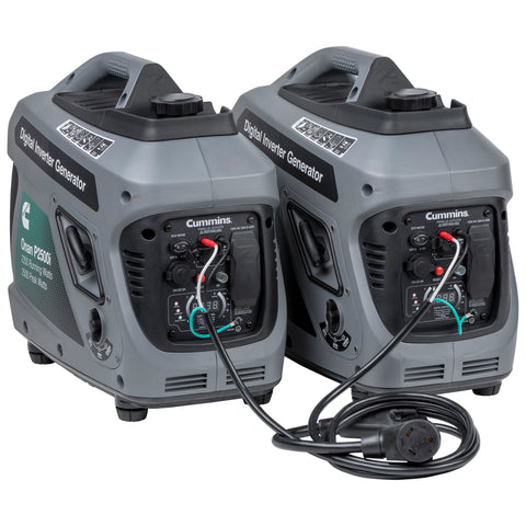 Two Grey Cummins P2500i Generators Connected with Parallel Cable Kit - Side View | United RV Parts