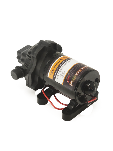 Black PowerMax PMWP3G-12V RV Fresh Water Pump - End View | United RV Parts
