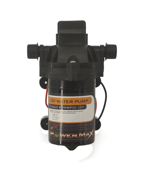 Black PowerMax PMWP3G-12V 12V Water Pump - Top View with Connections | United RV Parts