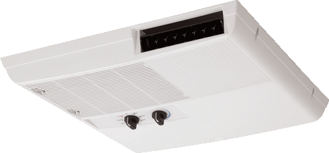 White Advent Non-Ducted Ceiling Assembly ACRND25WH with Control Knobs - Angled View | United RV Parts