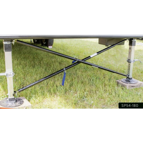 Black Steel X-Brace Landing Gear Stabilizer SP54-180 Installed Under RV Trailer | United RV Parts