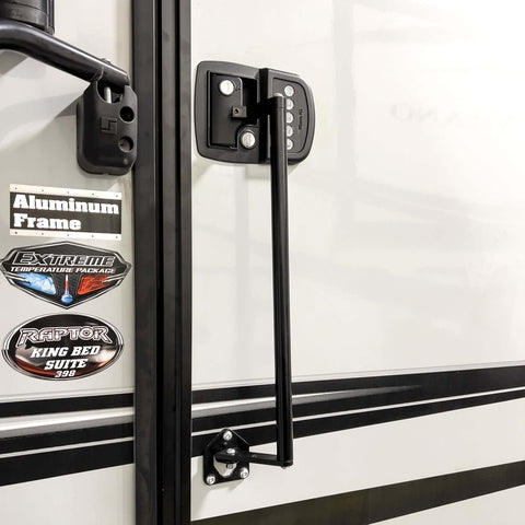 Black MORryde Latch Extender SP54-200 Installed on RV Door - Side View | United RV Parts