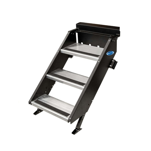 Black Steel MORryde 3-Step RV Entry Steps - Side Angle View | United RV Parts