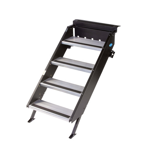 Black MorRyde 4 Step RV Fold Up Stairs with Non-Skid Treads - Angled View | United RV Parts