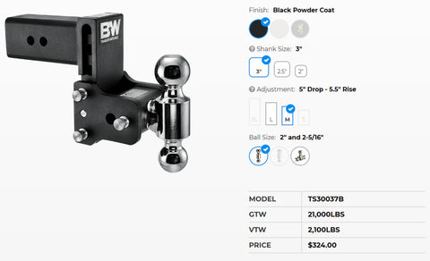 B&W Hitches TS30037B Specifications Chart - Product Details | United RV Parts