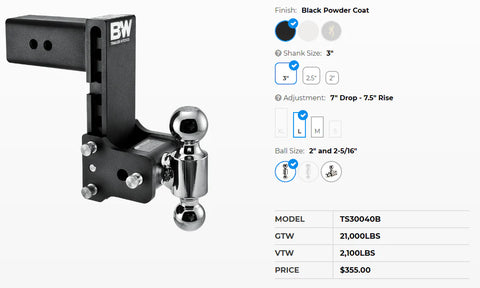 B&W TS30040B Hitch Mount Product Specifications Chart - 3 Inch Receiver | United RV Parts