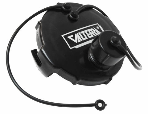 Black Valterra RV Waste Valve Cap 3" with Hose Connection - Angled View | United RV Parts