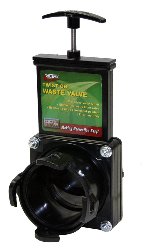 Black Valterra T58 Twist-On RV Sewer Hose Safety Dump Valve - Front View | United RV Parts