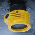 Yellow Trimax TFW60 Lock Secured on RV King Pin - Bottom View | United RV Parts