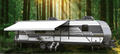 White Velarium Universal RV Awning Replacement Fabric Fully Extended on Travel Trailer - Side Lifestyle View | United RV Parts