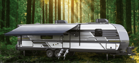 Slate Blue Fade Universal RV Awning Replacement Fabric Extended on Travel Trailer - Side View | United RV Parts