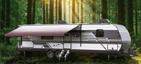 Burgundy Fade Universal RV Awning Replacement Fabric Fully Extended on Travel Trailer - Side Lifestyle View | United RV Parts