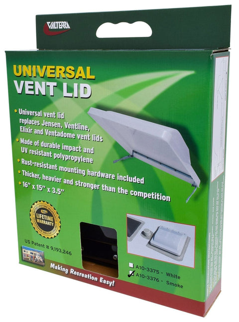Valterra A10-3376 Universal RV Roof Vent Lid Smoke - Retail Packaging Front | United RV Parts