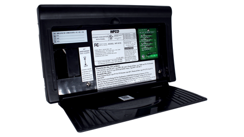 Black WFCO WF-8725 Power Center Converter - Open Panel View | United RV Parts