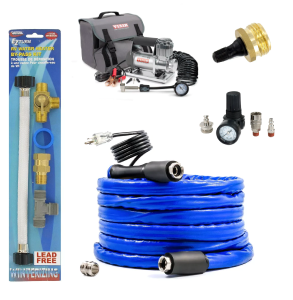 RV Winterization Bundle with Blue Heated Hose and Air Compressor - Product Layout | United RV Parts