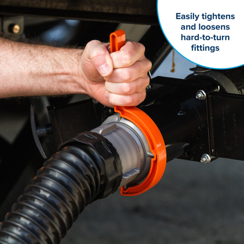 Orange RV Sewer Wrench In Use - Tightening Fitting Connection | United RV Parts