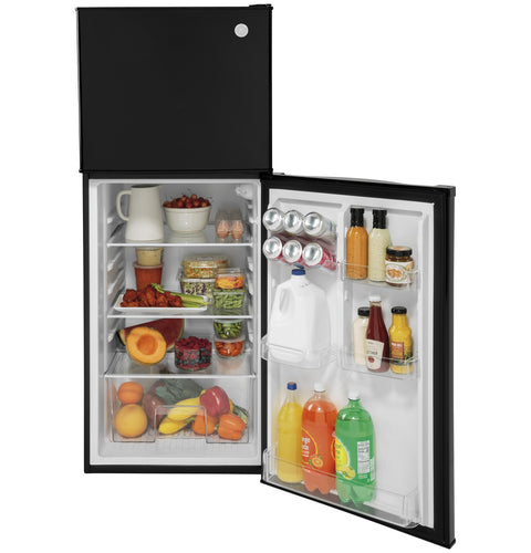 Black GE RV Refrigerator Interior with Food - Right Door Open View | United RV Parts