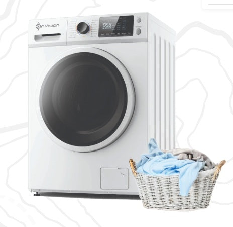 White InVision 2.7 Cu Ft Combo Washer Dryer 600-3900 - Front View with Laundry Basket | United RV Parts