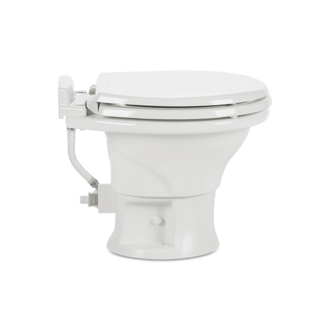 White Dometic 311 RV Toilet with Water Hose - Side Angle | United RV Parts