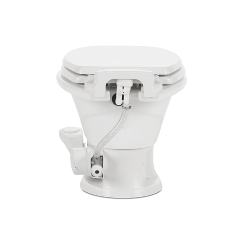 White Dometic 311 RV Toilet - Rear View with Plumbing | United RV Parts