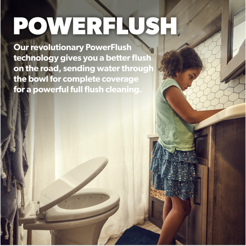 Dometic PowerFlush Technology - RV Bathroom Lifestyle Scene with Child | United RV Parts