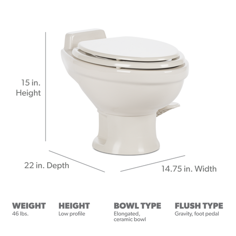Dometic 321 Low Profile RV Toilet - Dimensions Diagram 15 in. Height 22 in. Depth Ceramic Bowl | United RV Parts