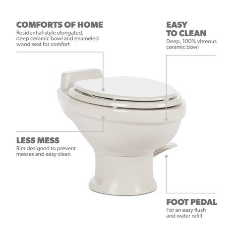 Dometic 321 RV Toilet - Feature Callout Graphic Vitreous Ceramic Bowl and Foot Pedal Flush | United RV Parts