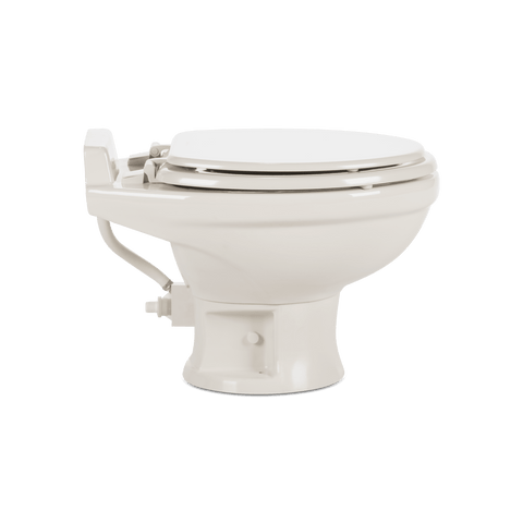 Bone Ceramic Dometic 321 RV Toilet - Left Side Profile Showing Water Supply Line and Base | United RV Parts