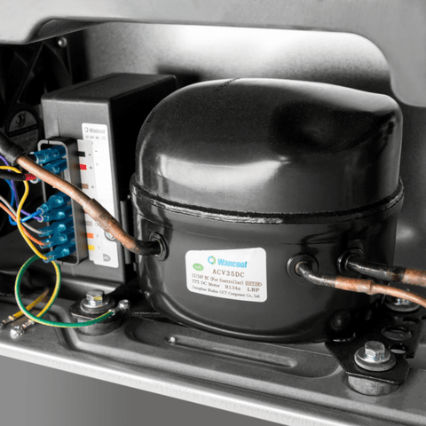 Black Compressor Unit Dometic DMC4081 12V DC Refrigerator - Internal Components View | United RV Parts