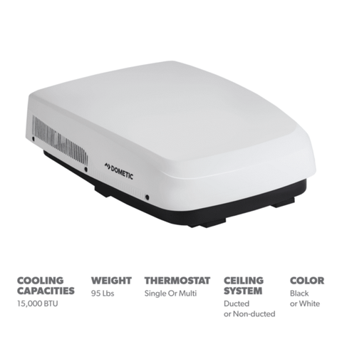White Dometic FreshJet 5 15000 BTU RV AC with Features Chart | United RV Parts