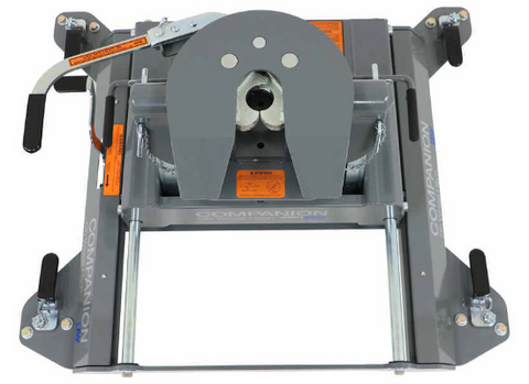 Gray Metal 5th Wheel Hitch Base with Orange Labels - Bottom View | United RV Parts