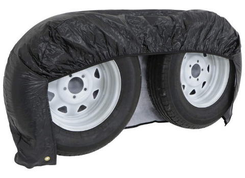 Black ADCO 3932 Double Axle Tyre Gard Covering Dual RV Trailer Tires - Front View | United RV Parts