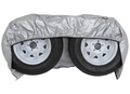 ADCO Double Axle Tyre Gard Fitted on Two RV Trailer Wheels - Side View | United RV Parts