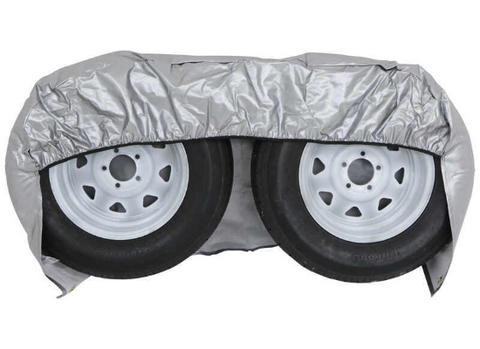 Silver Vinyl Tire Cover Protecting Dual RV Wheels - Front View | United RV Parts
