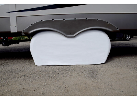White ADCO Double Axle RV Tire Cover Installed on Trailer - Side View | United RV Parts