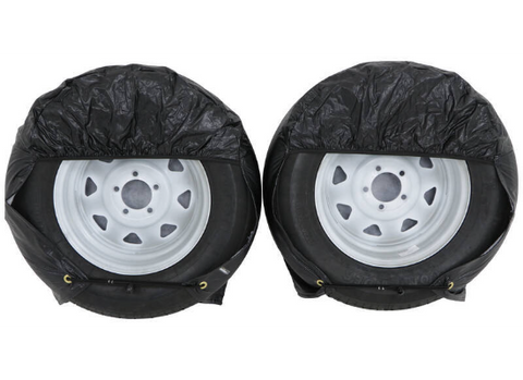 ADCO Ultra Tyre Gard Black RV Tire Covers Set of Two on White Wheels - Front View | United RV Parts