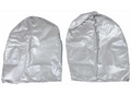 Silver Vinyl RV Tire Covers Pair - Back and Front Flat Lay View | United RV Parts