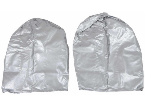Silver Vinyl RV Tire Covers Pair - Back and Front Flat Lay View | United RV Parts